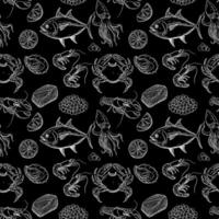 Seafood, seamless pattern. Linear chalk black and white pattern vector