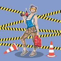 illustration of a woman in a workshop costume carrying a drill, with a background of danger lines and project cones vector