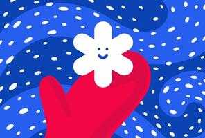 A red glove holds a smiling cute snowflake against a snowfall background. Flat color illustration. Snowfall or winter games conception. Snowy Illustration for postcard or poster. vector