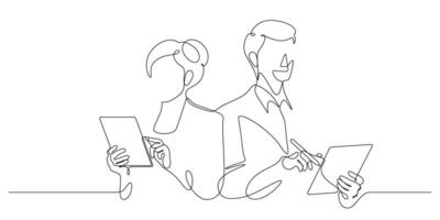 man and woman using digital tablet portrait business posing advertising one line drawing vector