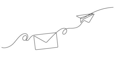 flying paper plane and letter envelope one line drawing vector