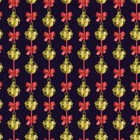 Golden Christmas bells with red bows on a dark background, seamless watercolor pattern. All objects are hand-painted with watercolors. Suitable for printing on product packaging, gift paper, textiles vector