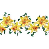 Yellow daffodils with green spring branches, seamless watercolor border. All objects are hand painted with watercolor. Suitable for printing on fabric, home textiles, for cards and wedding invitations vector