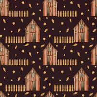 Farm with wooden fence, barn for storing grain, hay, burning lantern and leaves on a dark background. Watercolor pattern. All objects are hand-drawn with watercolors. For printing on fabric, paper vector