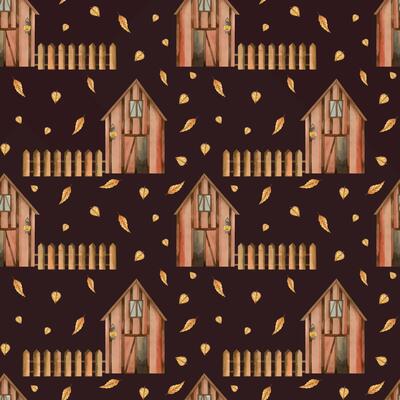Farm with wooden fence, barn for storing grain, hay, burning lantern and leaves on a dark background. Watercolor pattern. All objects are hand-drawn with watercolors. For printing on fabric, paper