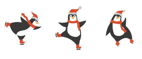 A set of three cute penguins ice skating. Christmas animals wearing red hats and scarfs. vector
