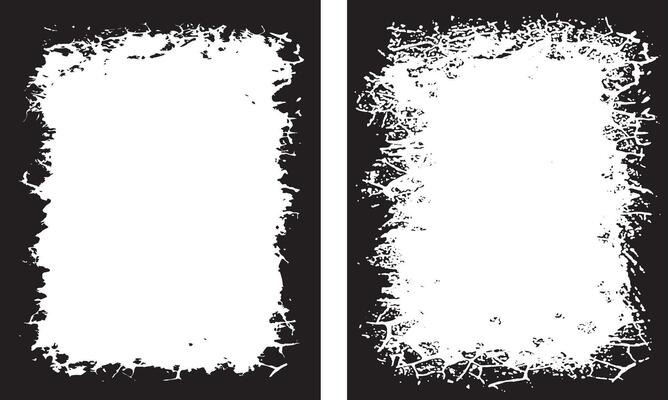 A set of vintage Grunge Photo Frames Cracked, Chaotic Splatter, and Dense Rough Textured Borders in Black and White for Artistic and Edgy Displays
