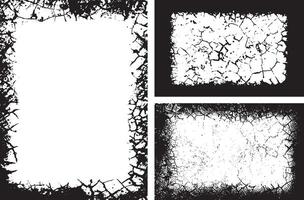 three different black and white frames with cracks, vintage grungy border design set vector
