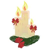 Three Christmas candles with red bows stand in fir branches, Christmas. color drawing vector