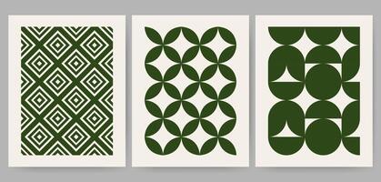 Retro green and white geometric pattern background, abstract circle, triangle and square lines art vector