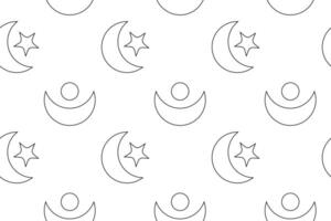 Repeating monochrome pattern featuring crescent moons, stars, and circles in a minimalist black outline style. vector