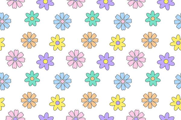 Playful seamless pattern featuring colorful pastel flowers in various shapes on a white background, ideal for creative designs.