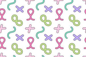Playful seamless pattern featuring abstract symbols such as loops, crosses, and wavy lines in pastel colors on white. vector