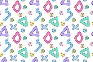 Vibrant seamless pattern featuring colorful geometric shapes like triangles, circles, and rhombuses on a white background. vector