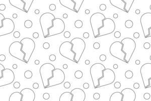 Black and white seamless pattern featuring broken hearts and circles, perfect for childrens coloring pages. vector