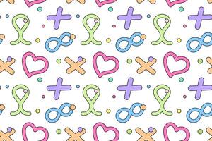 Seamless pattern with colorful hearts, infinity symbols, crosses, and dots on a white background. vector