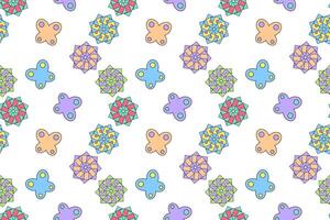 Seamless pattern featuring colorful kaleidoscope flowers and playful butterflies, perfect for decorative designs. vector
