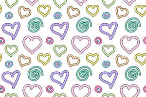 Seamless whimsical pattern featuring colorful hearts, spirals, and circles in pastel hues on a white background. vector