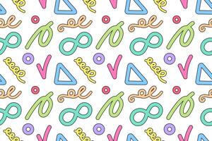 A seamless pattern featuring colorful abstract shapes, infinity symbols, triangles, and swirls on a white background. vector