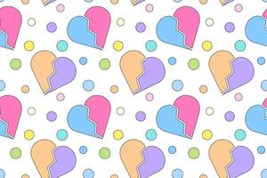 Playful repeating pattern featuring colorful broken hearts and pastel circles on a white background. vector