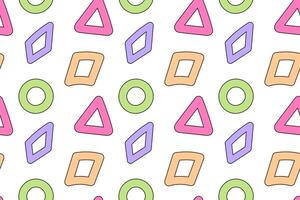 A colorful seamless pattern featuring geometric shapes like triangles, circles, and diamonds on a white background. vector
