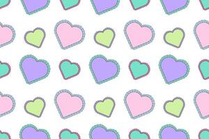 Playful seamless pattern of pastel lace-trimmed hearts in various colors on a white background, perfect for creative projects. vector