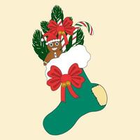 Christmas sock with presents and a spruce branch, Christmas. color drawing vector