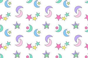 Playful seamless pattern of colorful stars, crescent moons, and circles on a white background, ideal for kids designs. vector
