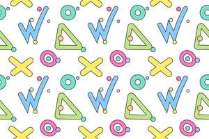 Bright seamless pattern of geometric shapes like triangles, circles, crosses, and lines on a white background. vector