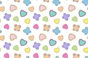 Vibrant repeating pattern of multicolored hearts and butterflies on a white background. vector