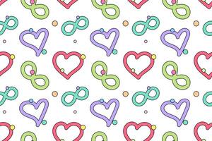 A colorful seamless pattern featuring red hearts, green infinity symbols and confetti on a white background. vector