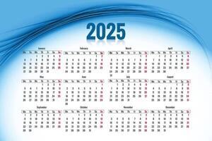 2025 english calendar template with creative blue wave background vector