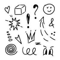 Hand drawn elements, heart, arrow, crown, cube, eyes, face, dot lines, emphasis. Brush or marker scribbles, underlines, pencil sketch graphic vector