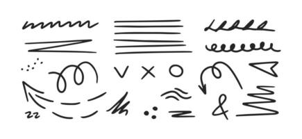 Hand drawn elements, arrow, line, emphasis scribbles, curls, dots. Brush or marker scribbles, underlines, pencil sketch graphic vector