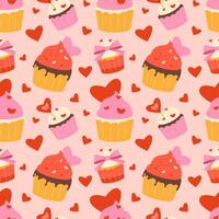 Seamless Valentine's Day cupcake pattern in flat style vector
