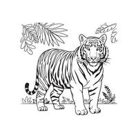 a coloring page with a tiger in the jungle vector