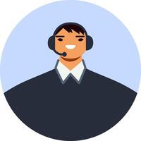 Friendly male call center operator smiling while wearing a headset, delivering efficient and helpful customer support in a professional office environment vector