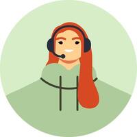 Redhead female call center operator wearing a headset, smiling and assisting customers while providing support, answering inquiries, and ensuring excellent service and satisfaction vector
