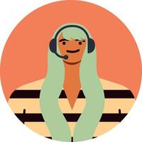 Customer service representative with headset smiling while assisting clients, providing support and answering questions in a call center environment, creating a positive customer experience vector