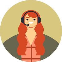 Friendly female call center agent with long red hair is wearing a headset and smiling, providing excellent customer support within a circular frame vector