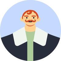 Portrait of a redhead man with a mustache wearing a dark jacket with large lapels and a light green shirt, in a simple cartoon style with a circular background vector