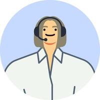 Friendly customer service representative wearing a headset, smiling warmly while providing assistance and support. Engaging in communication within a round icon design vector
