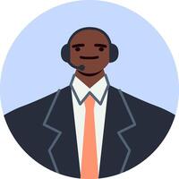 Friendly male customer service representative wearing a headset and suit, offering assistance and solutions with a smile, embodying professionalism and helpfulness in a modern business setting vector