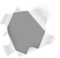 Torn white paper creating an irregular shaped hole revealing a gray background, providing a textured and layered effect suitable for various design applications vector