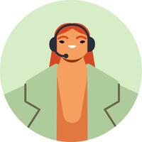 Smiling red haired female customer service or call center representative wearing a headset and a light green jacket, inside a green circle, offering assistance and support vector