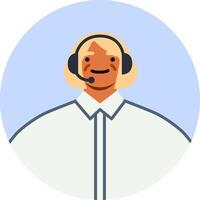 Portrait of a friendly senior woman wearing a headset and smiling, likely working in a customer service role or as a telemarketer, providing assistance and support vector
