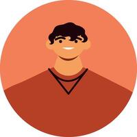 Modern and minimalist illustration of a young man smiling, wearing a brown v neck sweater and sporting dark hair, positioned within a circular frame, conveying a friendly and approachable image vector