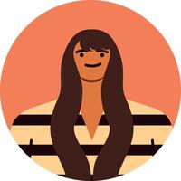 Minimalist illustration of a young woman with long brown hair, wearing a striped shirt, smiling subtly against a round orange backdrop, creating a simple yet stylish profile picture vector