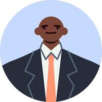 Bust portrait illustration of a smiling confident businessman wearing suit and tie, depicted in a simple and modern style against a circular blue background vector