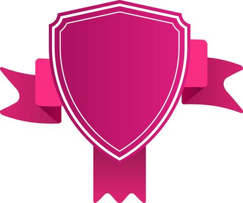 Pink shield with white border featuring a horizontal pink ribbon wrapped around it, symbolizing security, protection, guarantee, and quality assurance